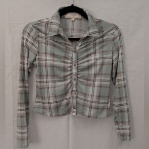 No Comment Stretchy Plaid Button Up Top, Girls L (14)